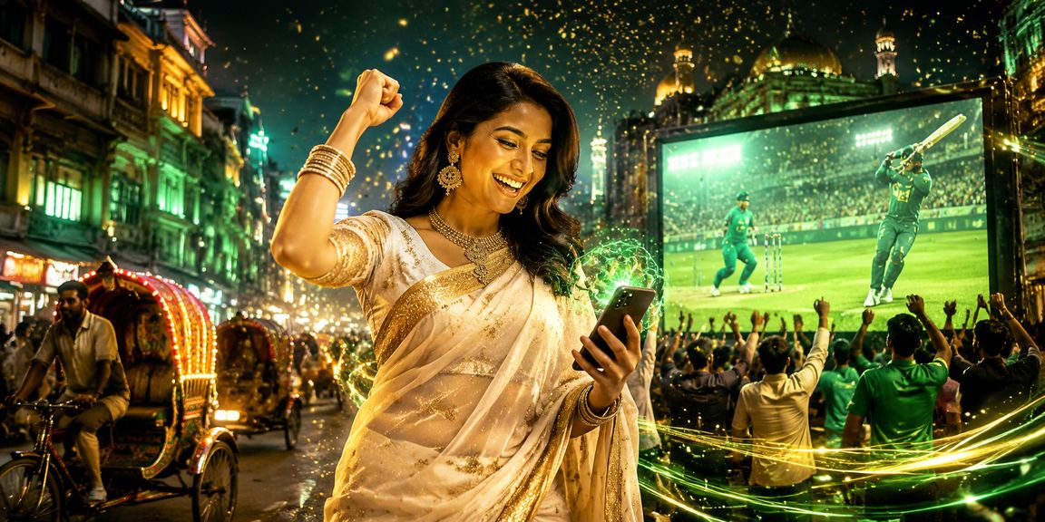 ঢাকায় সাড়ি পরা ব্যবহারকারী মোবাইলে ক্রিকেট বেটিং করছেন